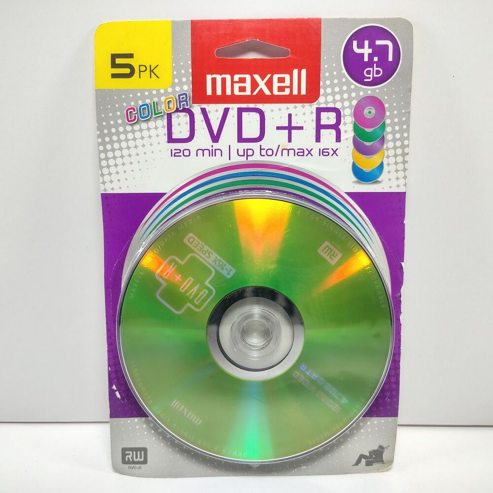 5 Pack Maxell Color DVD + R Recordable Disc 4.7 GB Capacity 120min 16x Speed